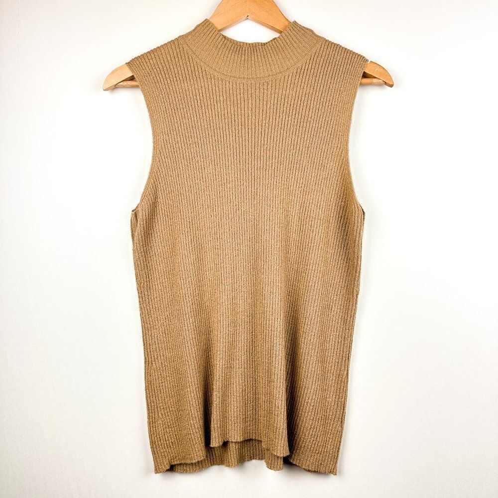 Vintage Villager Liz Claiborne Petite Mock Neck Sleeveless Brown Tan Knit Top